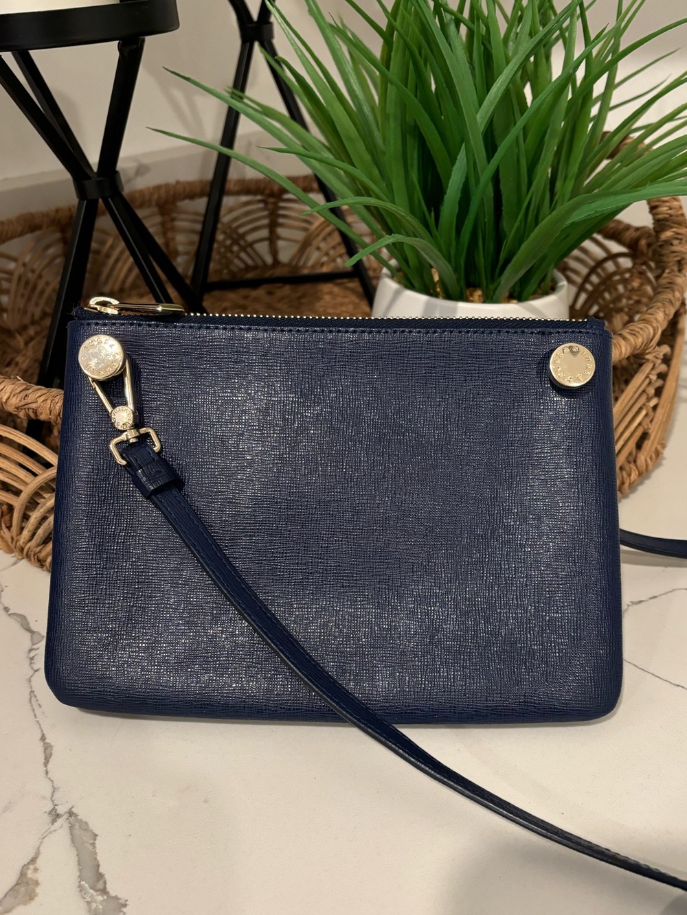 Furla Double Zip Leather Crossbody Navy Adjustable Strap NEW WITHOUT TAG Luxury
